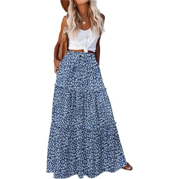 Womens Maxi Skirts, Flowy Skirt with Pockets Blue - Picture 1 of 5